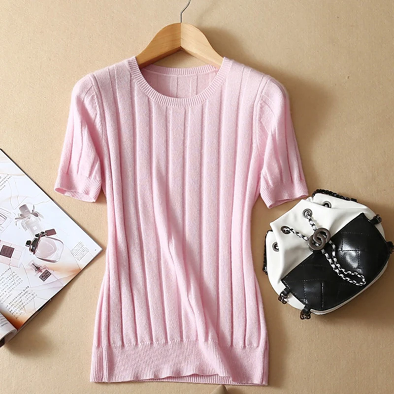 LHZSYY 2019 New Wool Knitted Blend T-shirt Solid color O Neck Women