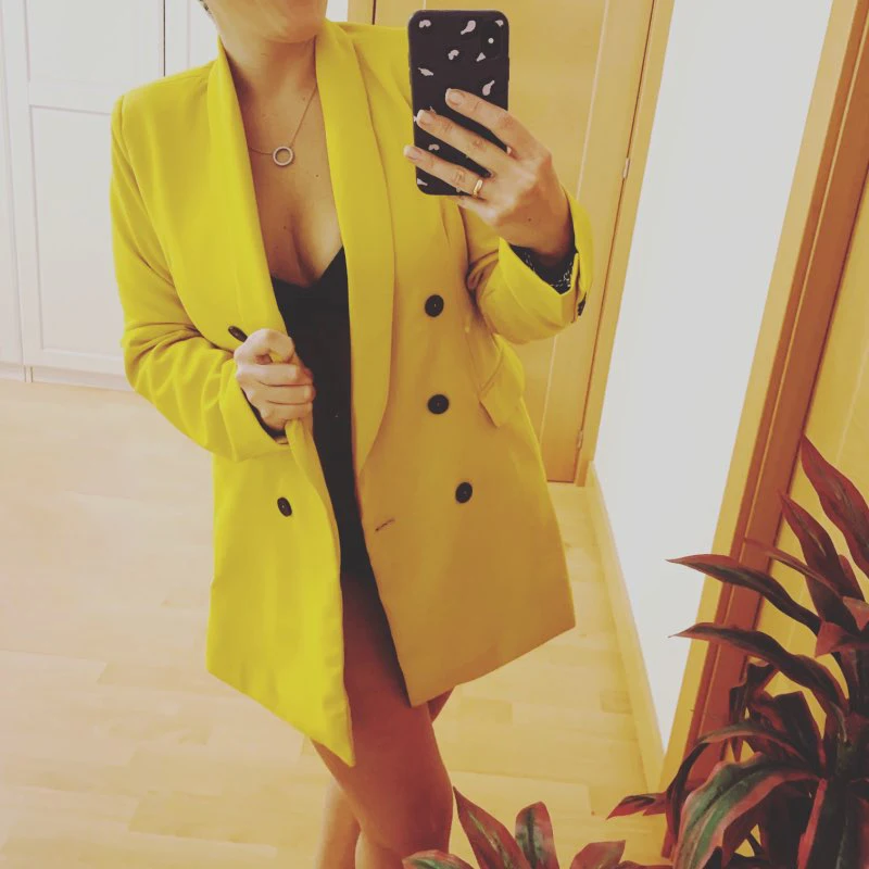 GCAROL 2019 Chic Women Double-breasted Yellow Blazer V Neck 2 Pockets Elegant OL Work Suit Spring Summer Fashion Jacket