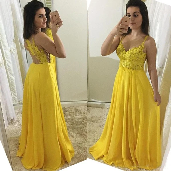 vestido de festa longo Sparkly Lace Appliques Yellow Long Prom Dresses 2019 Sexy See Through A Line Long Party Evening Dress SP337