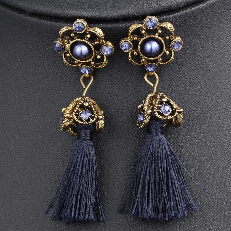 Bohemian Vintage Flower Stud Earrings Handmade Boho Tassel Earrings