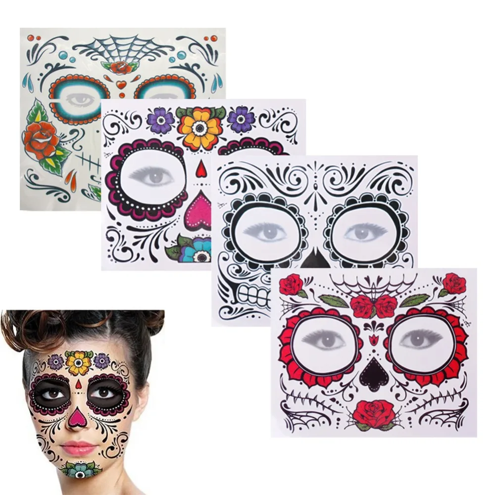 

3000pcs /lot Day of The Dead Skull Face Halloween Cool Beauty Tattoo Waterproof Hot Temporary Tattoo Stickers