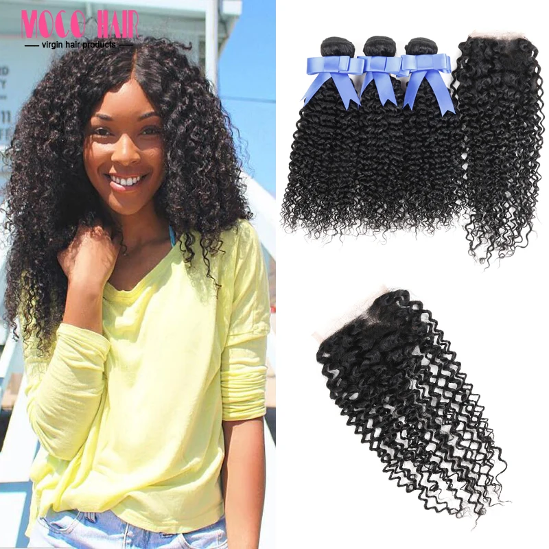 Indian Remi Human Hair Weave Bundles with Closure Indian Curly Virgin