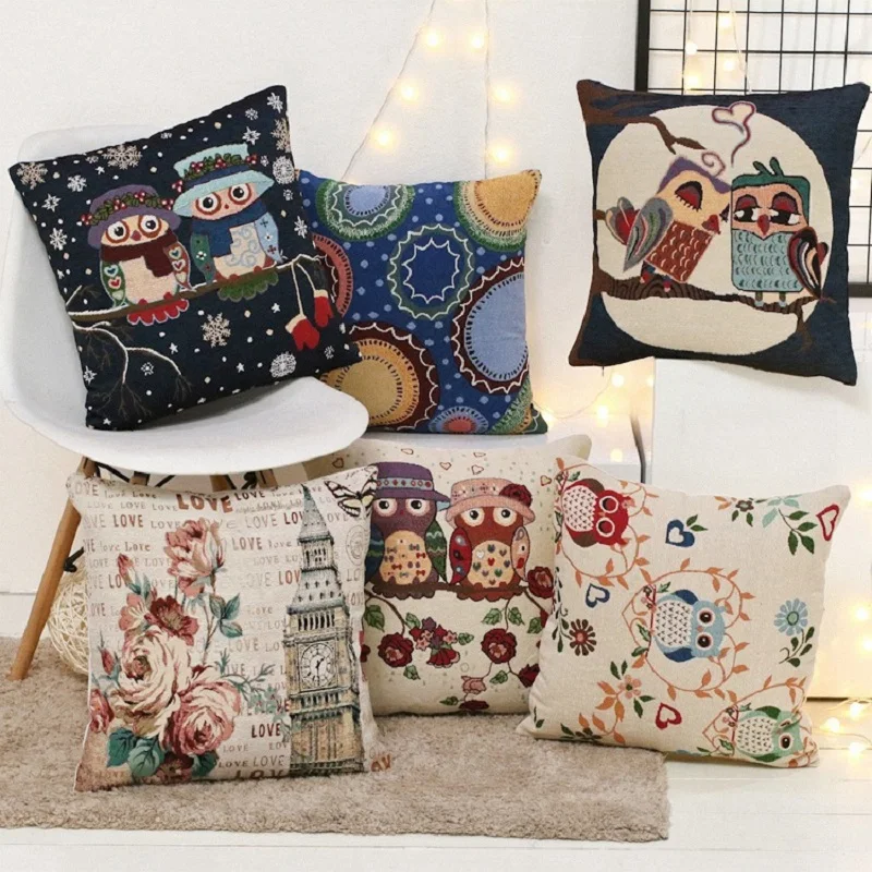 

1Pc Cotton Linen Vintage Cute Owl Pattern Throw Pillow Cushion Cover Seat Car Home Decor Sofa Bed Decorative Pillowcase 45x45cm