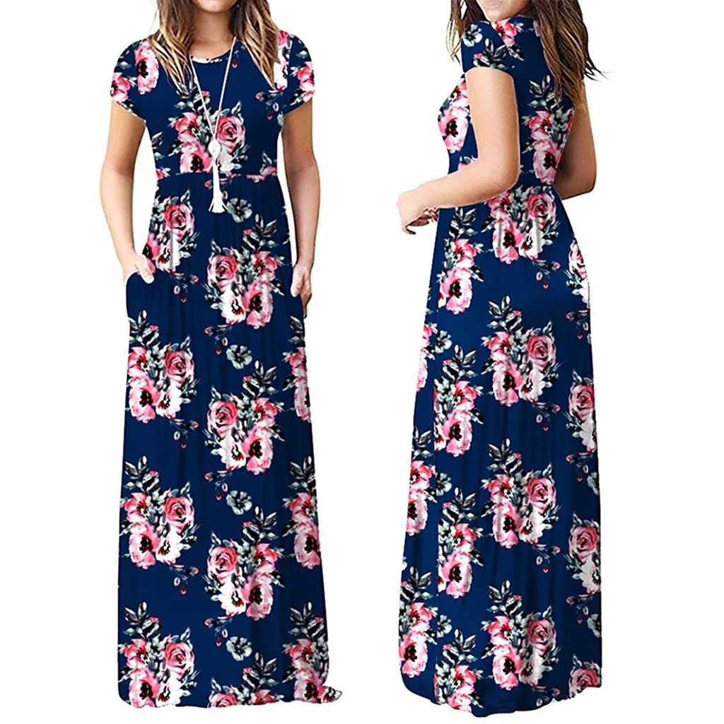 

2019 Summer Dress Women's Short Sleeve With Pockets Floral Print Dress Ladies Maxi Long Sundress Robe Femme Vestidos Plus Size