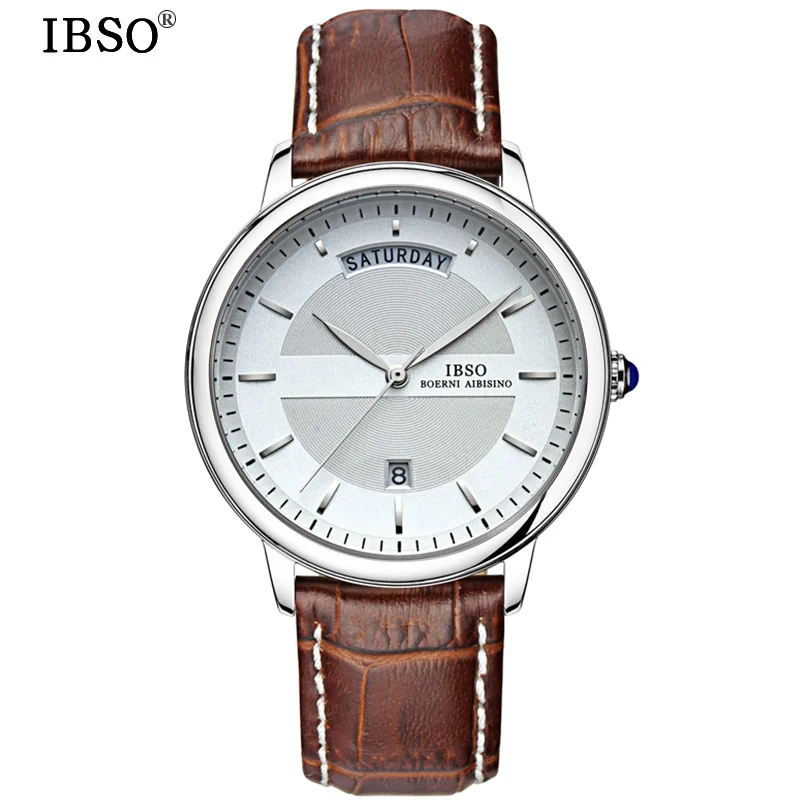 

IBSO Week Display Multifunction Mens Watch Vogue Complete Calendar The Men Watch Business Genuine Leather Strap Relojes Hombre