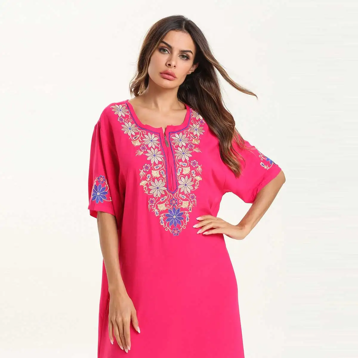 Женское летнее макси платье с коротким рукавом и вышивкой в этническом мусульманском стиле абайя Дубай, кафтан, исламский арабский Рамадан халат Мода VKDR1523