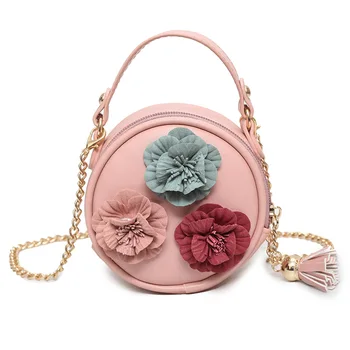 

PU leather chains tassel floral children school round bags kids messenger travel phone poches money bags carteira for girs