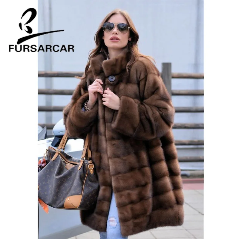 

FURSARCAR New Real Mink Fur Coat Women Winter Whole Skin Fashion Warm Jacket With Mandarin Collar Female Mink Fur Outwear