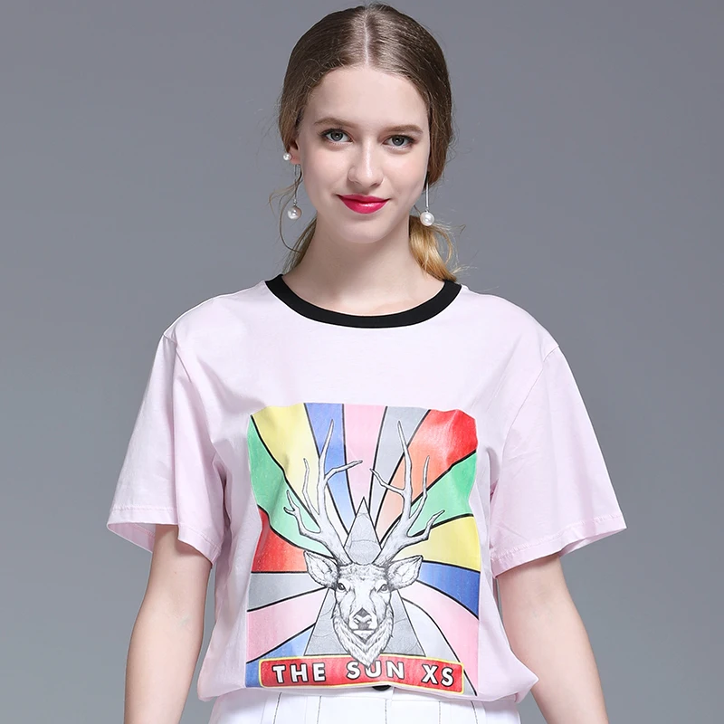 

2019 Fashion Cool Print Female T-shirt Pink Cute Short-sleeved O-neck Cotton Sweet Shirt Slim Soft Casual Harajuku T-shirt