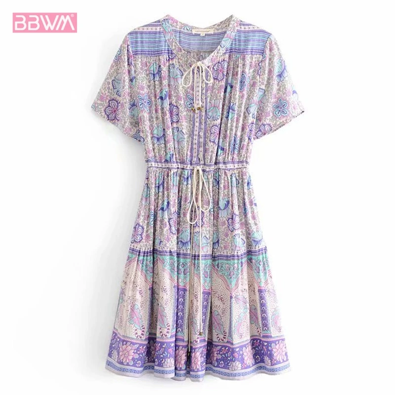 

Bohemian seaside holiday ethnic round neck purple printed lace short-sleeved female dress 2019 summer waist laced female dress