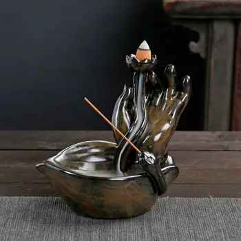 

Buddha Hand Backflow Incense Burner Ceramic Lotus Flower Incense Stick Holder Smoke Waterfall Incense Burner Home Decor
