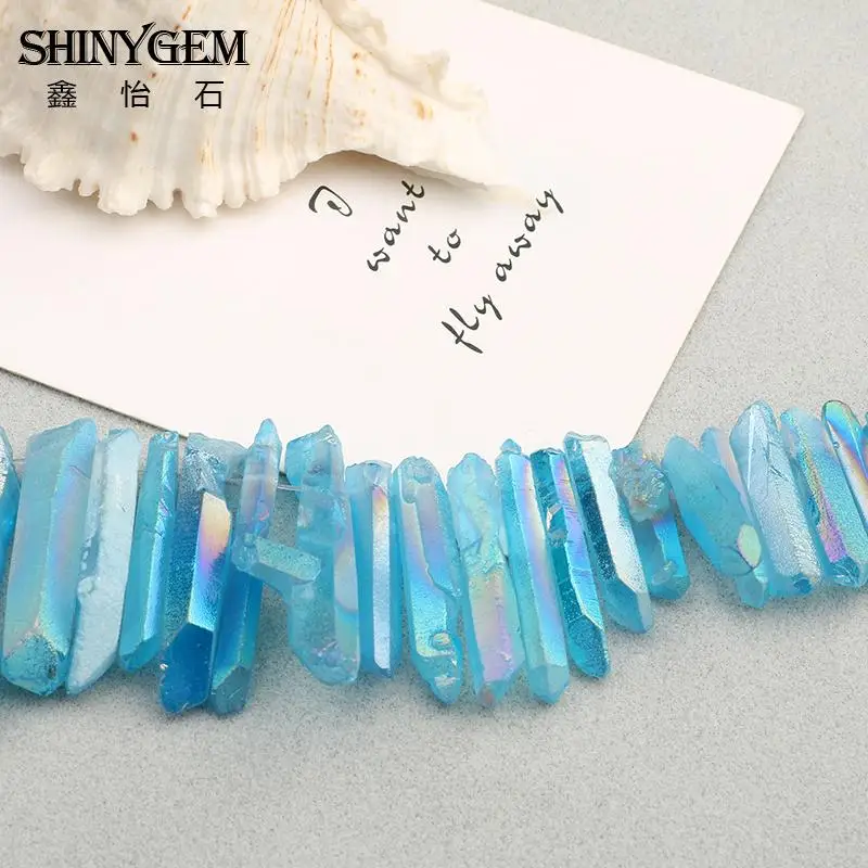 15.5Strand Light Blue AB Titanium Quartz Crystal Top Drilled Point Pendant BeadsRock Raw Crystal Pillar Beads Jewelry Fashion Jewelry