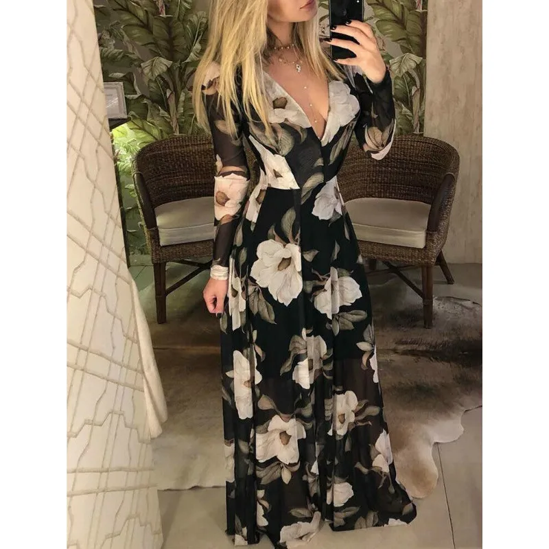 

Boho Floral Chiffon Summer Party Long Dress for Women
