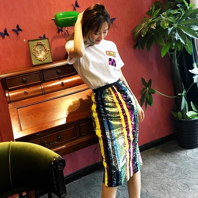 

Sparkling Ladies Side Slit Striped Sequin Skirt Faldas Elastic Waist Midi Pencil Skirt Sexy Party Festival Colorblock Skirt
