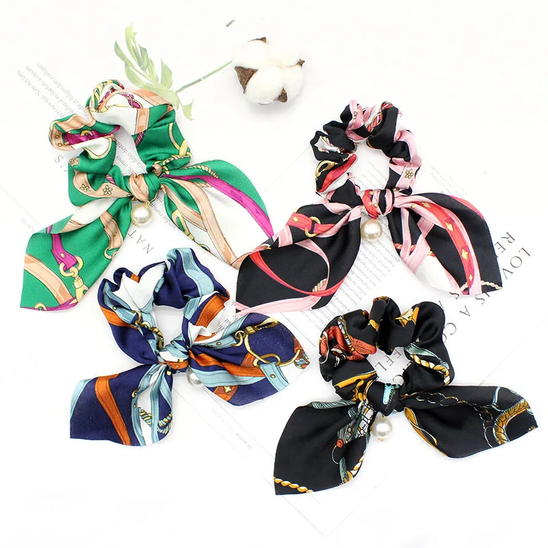 

Woman Summer Scrunchies Boho Ribbon Girls Pearl Hair Ties Streamers Elastic Hairband Ponytail Holder Ladies Hair Accessories