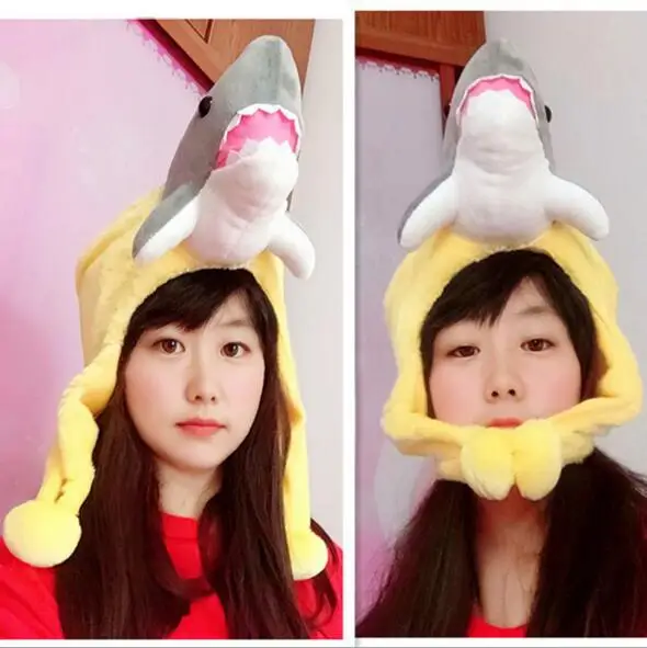 Забавная желтая Акула шляпа мультфильм капюшон головной убор шапка для животного милые плюшевые игрушки аксессуары Теплые бейсболки с животными