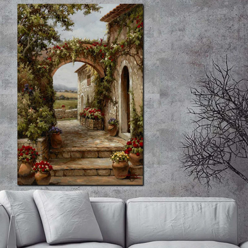 Abstract Pastoral House Flowers Door Landscape Oil Painting HD Print on Canvas Garden Poster Wall Art Picture for Livinng Room (3)