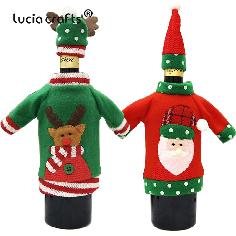 

1set Approx24*12cm Christmas Decorations Wine Bottle Cover Santa Claus Non-woven Hats for New Year Xmas Home Dinner Party Decor