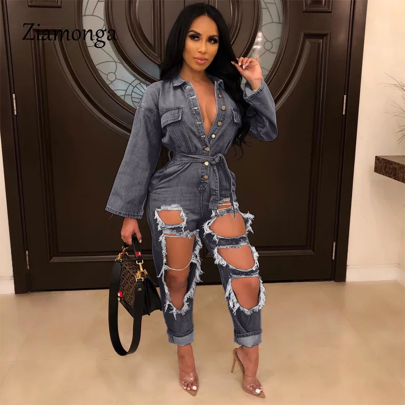 

Ziamonga Women Denim Jumpsuits 2019 Summer Hole Fashion Jeans Jumpsuit Women Rompers Plus Size Summer Clothes Button Overalls