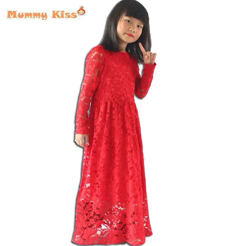 

3-12Y Red Lace Girls Dresses Long Sleeve Princess Wedding Dresses Girl Party Dress New Year Children Clothing 12 years