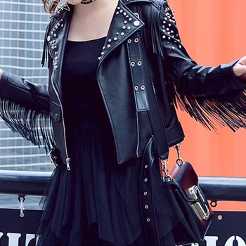 Leather Jacket Women Fringed Rivet Punk PU Leather Jacket Locomotive Short Coat motorcycle Outerwear Ladies Female Coats PY44 autumn winter women s short design plus velvet slim motorcycle leather jacket clothing outerwear women rivet pu leather jacket