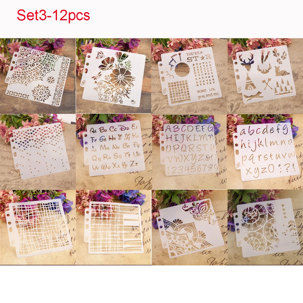

12pcs/set Different Styles Layering Stencils For Walls Painting Scrapbooking Stamp Album Decor Embossing Paper Card Template