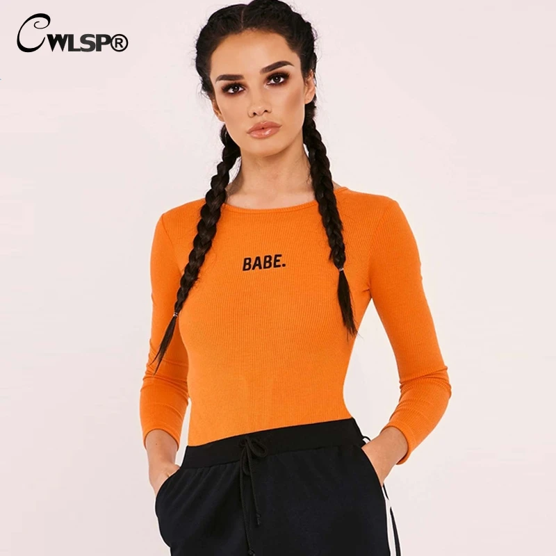 

CWLSP Fitness Sexy Bodysuit Women Embroidery BABE Letter Jumpsuit Long sleeve Ribbed body feminino combinaison femme overalls