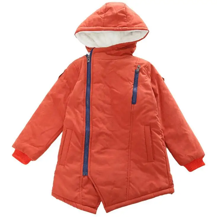 Однотонные плотные пальто для детей; модные кашемировые парки с косой молнией для девочек; зимняя одежда с капюшоном и длинными рукавами для мальчиков