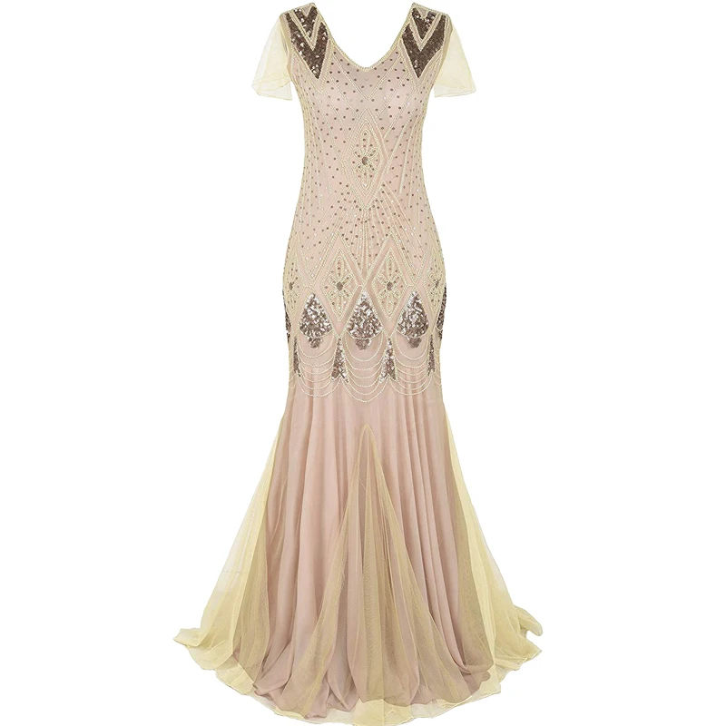 Women 1920s Great Gatsby Dress Long 20s Flapper Dress Vintage V Neck ...