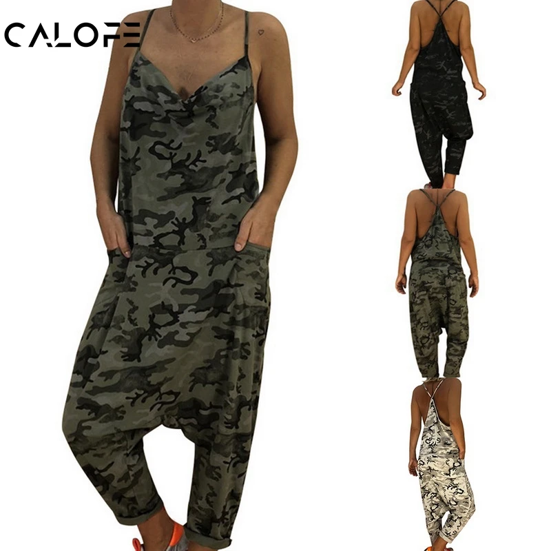 

CALOFE 2019 Summer Women Sexy Jumpsuits Camouflage Print Spaghetti Strap V Neck Casual Sleeveless Military Streetwear Rompers