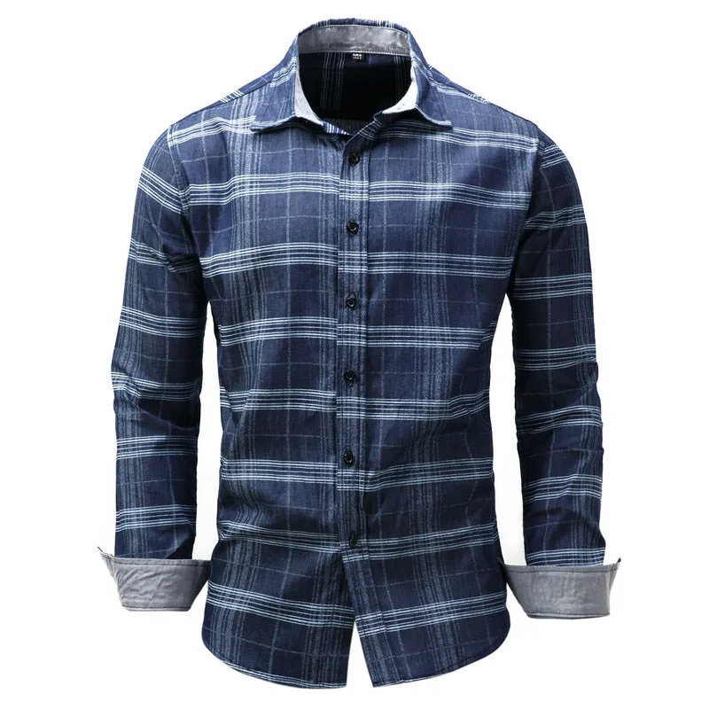 Brand New Men's Denim Shirt Designer Fashion Plaid 100 Cotton Fit Slim