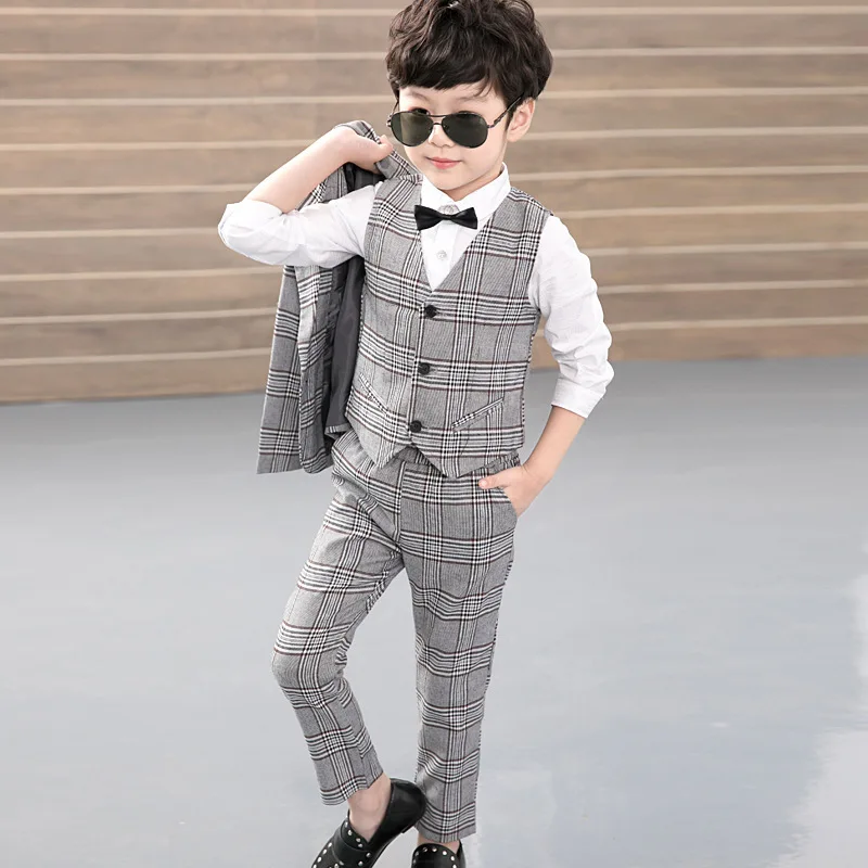 

Plaid Boy's Suit Lattice Suit 3pcs Jacket Vest Trousers Kids Baby Boy Clothes Clothing Sets Gentleman Uniform Boys Suits Outfit