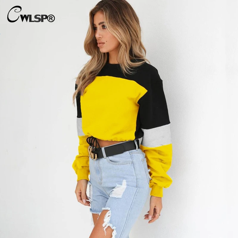 CWLSP ulzzang Autumn Patchwork Lanter Sleeve Sweatshirt for Women Casual Loose Drawstring Pullovers polerones mujer 2018 QL4178