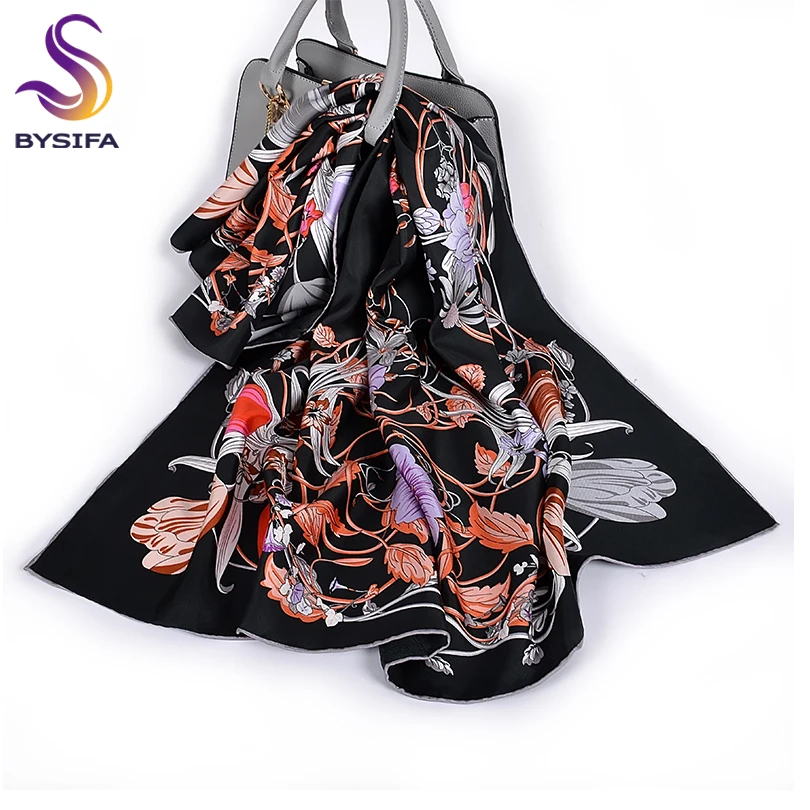 

[BYSIFA] Blue And Black Twill Pure Silk Ladies' Scarf Shawl Top Garde Brand Winter Floral Style Large Square Scarves Wraps 90cm