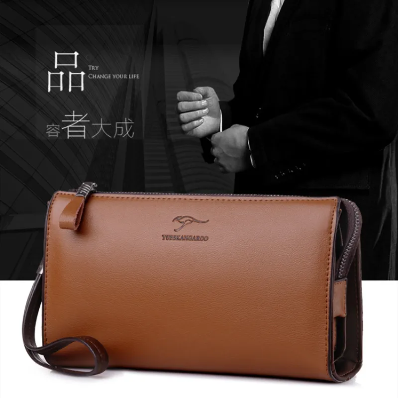 

Kangaroo Brand Men Clutch Bag Fashion Leather Long Purse Double Zipper Business Wallet Black Brown Male Casual Handy Bag