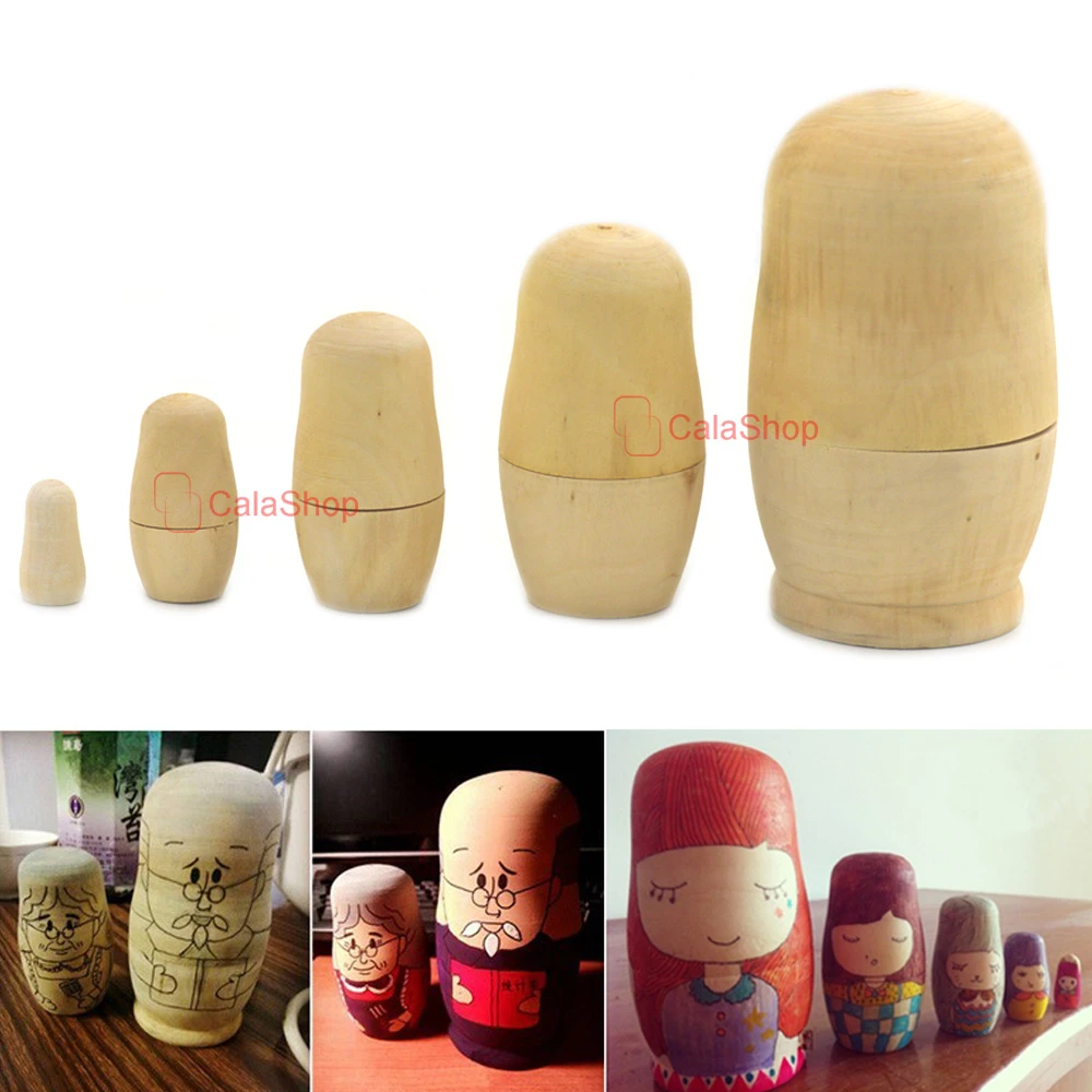 5x Unpainted DIY Blank Wooden Embryos Russian Nesting Dolls Matryoshka Toy Gift