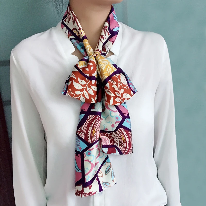 Весенний узкий длинный шелковый шарф для девочек с двойной печатью, модные женские атласные Галстуки-шарфы шелковый платок 15 см* 145 см