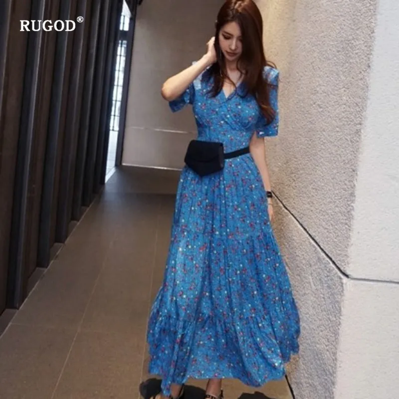 RUGOD, летнее платье,, цветочный принт, платье для женщин, высокая масса, тонкое, бохо, платье с v-образным вырезом, ropa mujer - Цвет: Синий