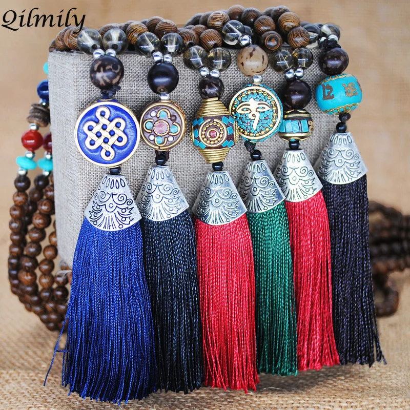 

Qilmily Retro Ethnic Style Tassel Natural Stone Pendant Wooden Bead Necklace for Women Men Sweater Chain Nepal Gift Souvenir Hot