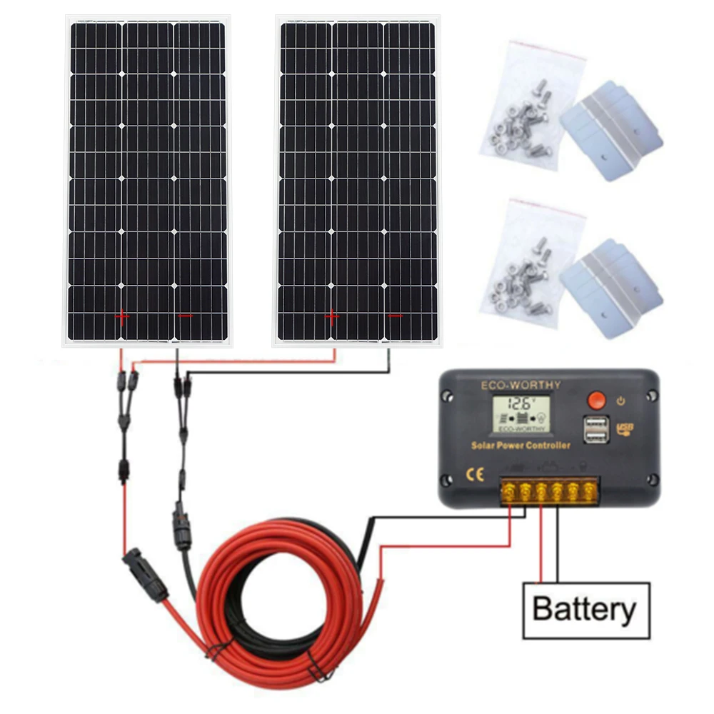 

ECOworthy 200W solar system: 2pcs 100W mono solar power panel& 20A LCD controller& 5m black red cables Z charge FOR 12V battery