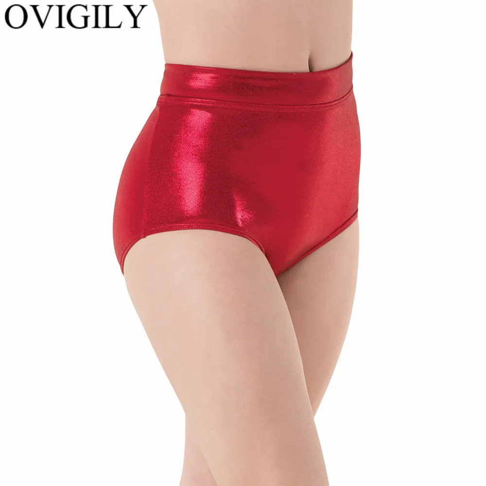 

OVIGILY Women Metallic Cheer Booty Dance Shorts Girls Mid Waist Gymnastics Shorts Red Underpants Shiny Stage Performance Bottoms