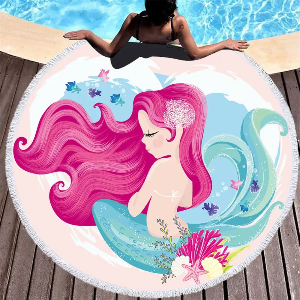 

LOVINSUNSHINE Kawaii Mermaid Printed Beach Towels Round Microfiber Fabric Soft Blanket Decor Polyester Fiber Towel For Kids