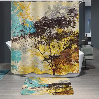 

3d Number Bath Curtain Size Oil Painting Woods Polyester Fiber Waterproof Mould Proof Shower Curtain