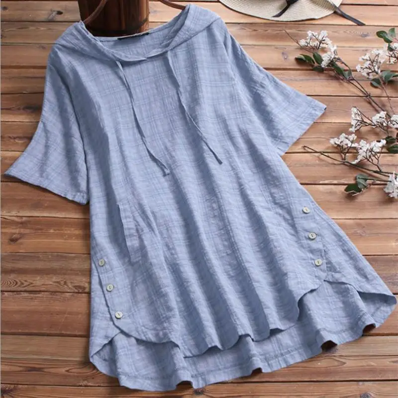 

2019 Summer Women Ladies Loose Cotton Linen Hoodies Short Sleeve Shirt Plaid Check Shirt Tops Blouse Plus Size M-5XL