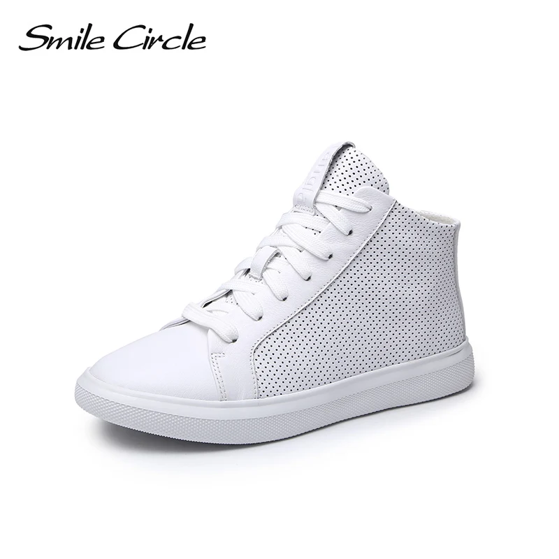Smile Circle/летние женские кроссовки из натуральной кожи с высоким берцем; обувь на плоской платформе; женские модные кроссовки; коллекция года; цвет белый, черный; S - Цвет: Белый