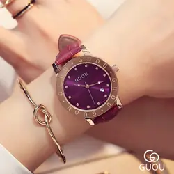 Лидирующий бренд GUOU модные женские часы кожаные женские кварцевые часы для женщин со стразами повседневное ремешок часы Reloj Mujer календари