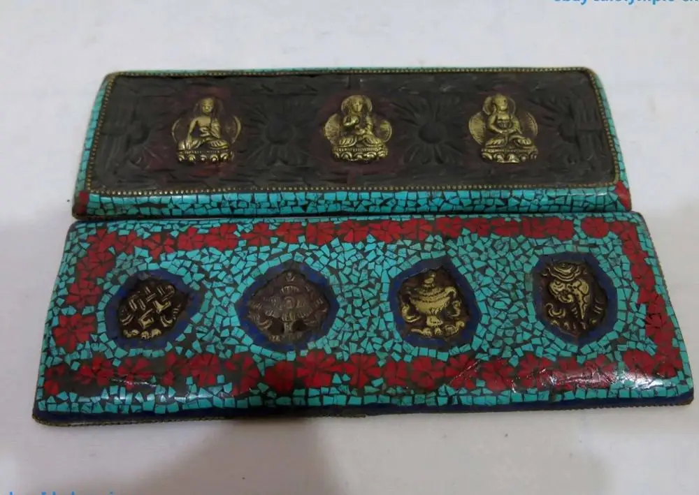 

Tibet old Wood inlay Turquoise brass buddha Buddhist Scripture Book plate Statue