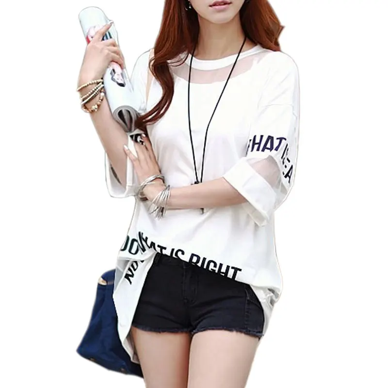 

2019 Big Size T Shirt Women Summer Tops Half Sleeve Fashion Hollow Out Letter Printed Long Mesh Tops Female T-Shirt Tees