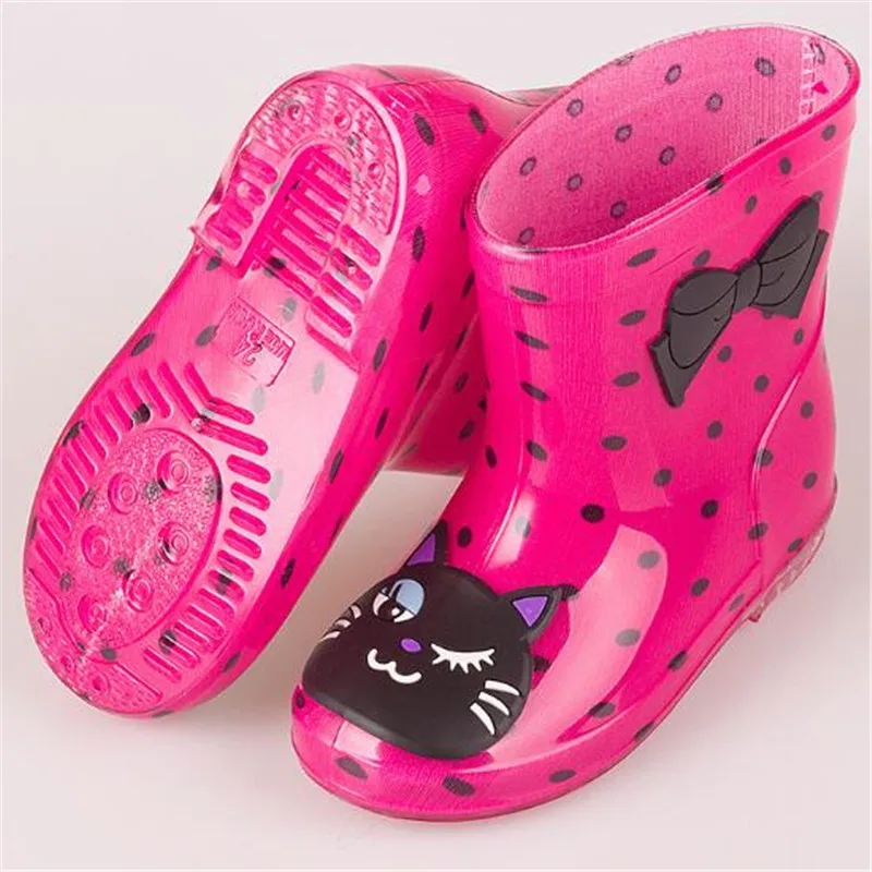 Детские резиновые сапоги с принтом героев мультфильмов для девочек; Детские ботильоны с бантом; водонепроницаемые детские резиновые сапоги; обувь для младенцев - Цвет: rose cat