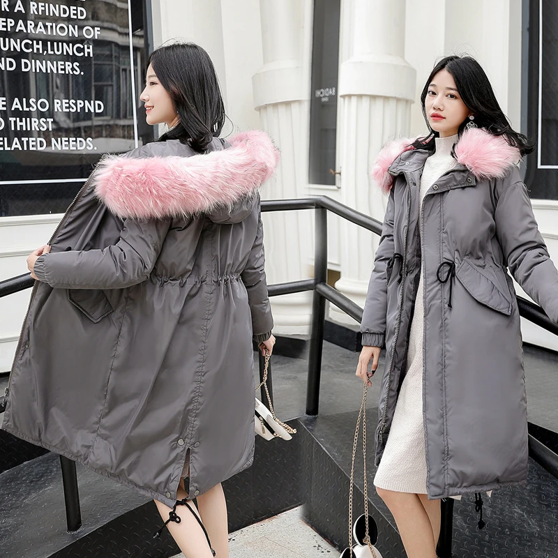New Arrival 2018 Women Thick Warm Cotton Long Parka Large Fur Collar Plus Size Winter Puffer Jacket Padded Pink Coat Outerwear | Женская